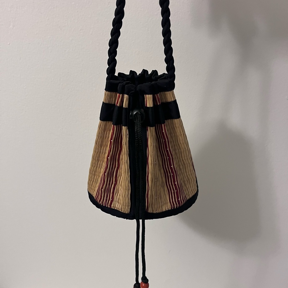 Baskets of Cambodia Handwoven Tatami Drawstring Bucket Bag Women’s Boho Summer